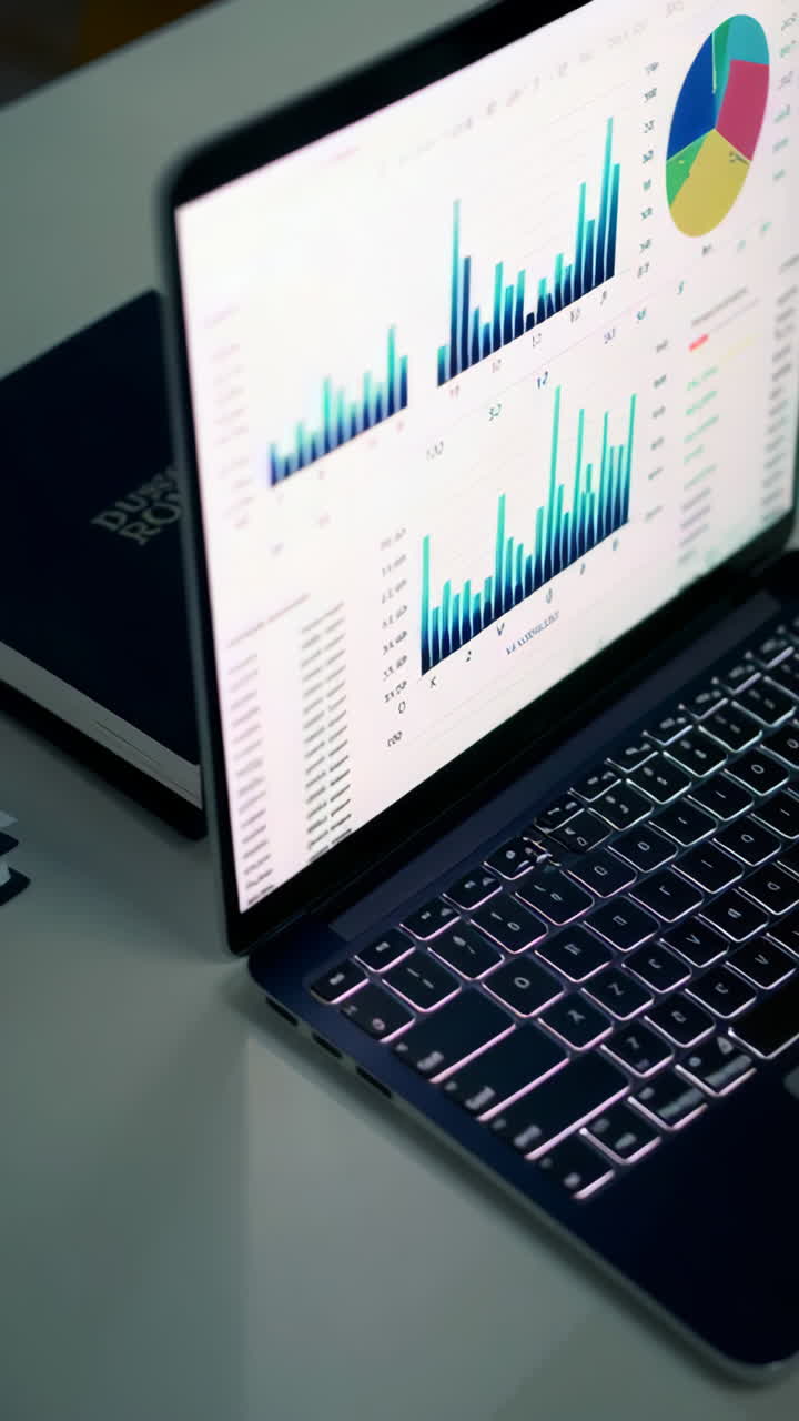 Laptop with various documents and graphs on screen