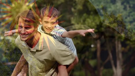 animation of caucasian father with son in park over shapes