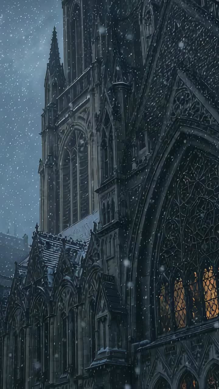 Vertical video: Snow starting camera framing Gothic facade in town showing warm stained-glass glow