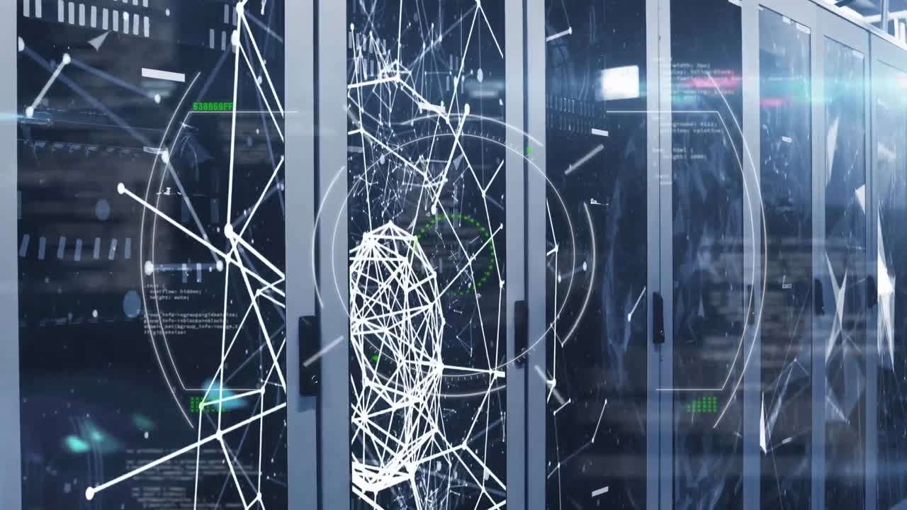 Animation of scope scanning and networks over tech room with computer servers