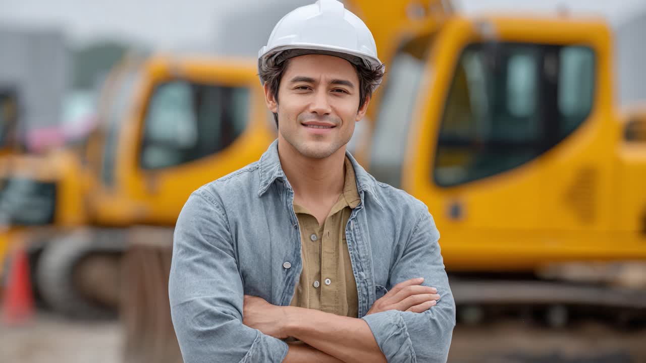 Confident Construction Worker in Safety Gear: A Portrait of Professionalism and Commitment to Safety on the Job Site Surrounded by Heavy Machinery