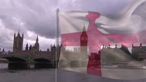 Animación-De-La-Bandera-De-Inglaterra-Sobre-El-Paisaje-Urbano.