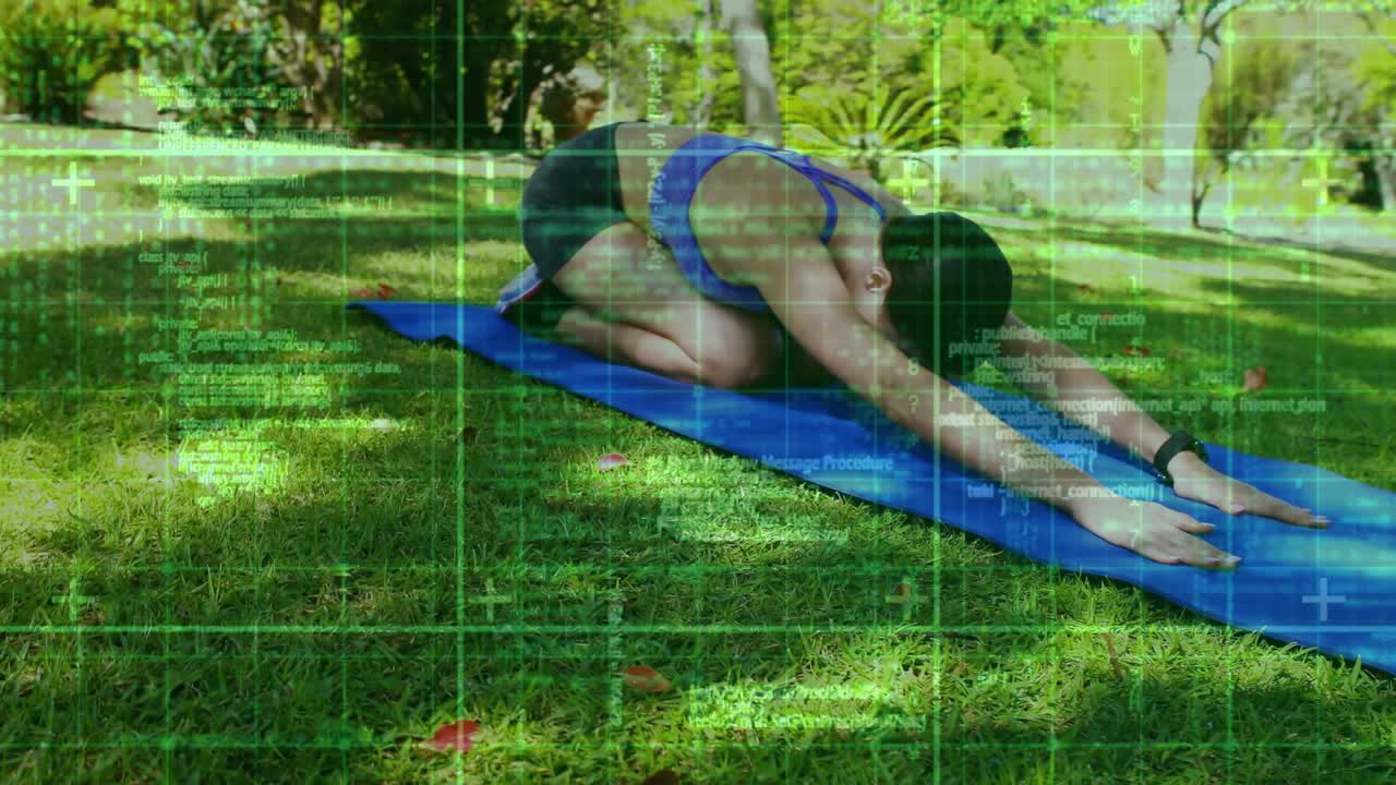 Woman arriving on blue mat, starting workout, shifting stretch-to-plank, doing climbers for core