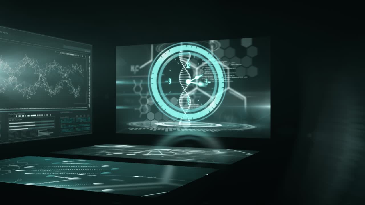 Animation of data processing and clock over black background