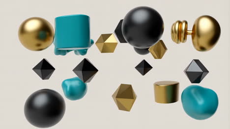 abstract 3d geometric shapes in gold, black, and teal