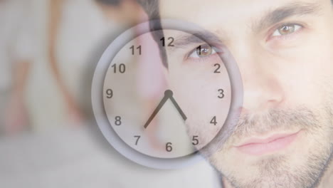 Close-up-of-man''s-face-with-clock-animation-overlaying-his-features