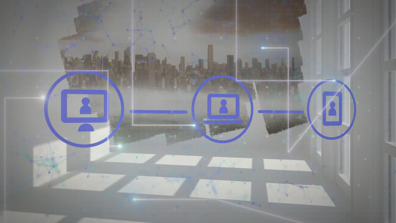 도시 풍경 위의 미디어 아이콘과 연결 네트워크의 애니메이션