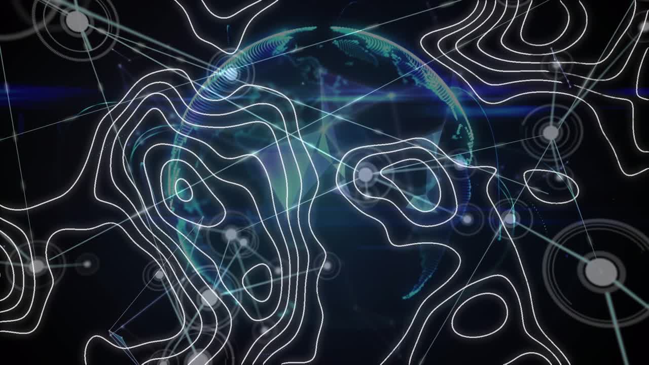 Animation of network of connections with icons over isohypses and globe on black background
