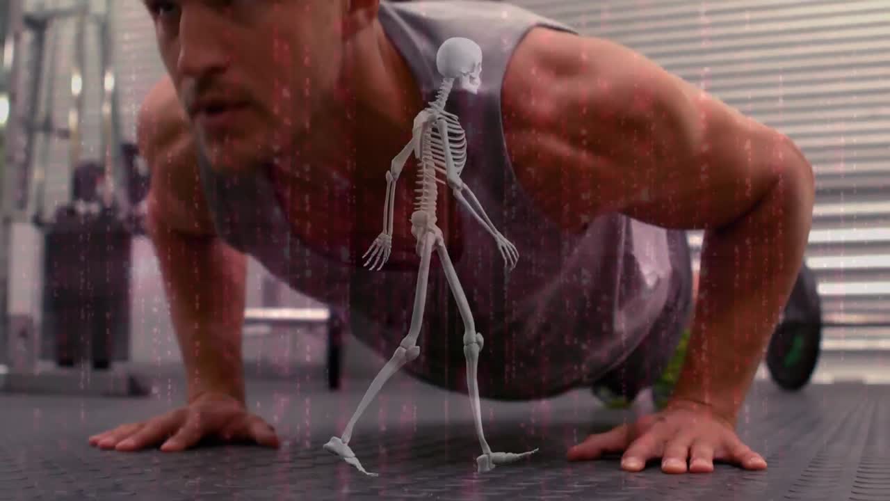 Animazione di interfaccia digitale con scheletro umano ed elaborazione dati su sportivo