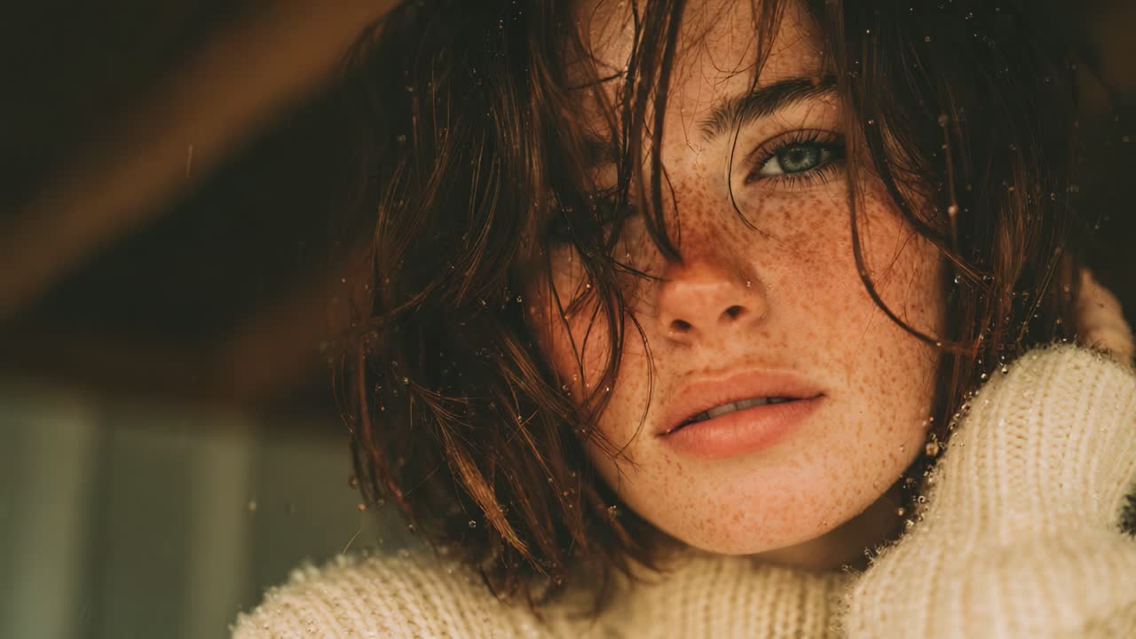 Captivating Portrait of a Young Woman with Freckles, Soft Lighting, and Natural Beauty; A Stunning Close-Up Showcasing Emotion and Charm with a Cozy Sweater Look
