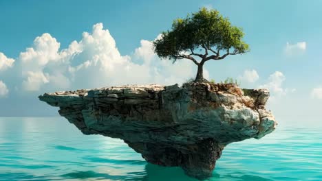 a lone tree on a rock in the middle of the ocean
