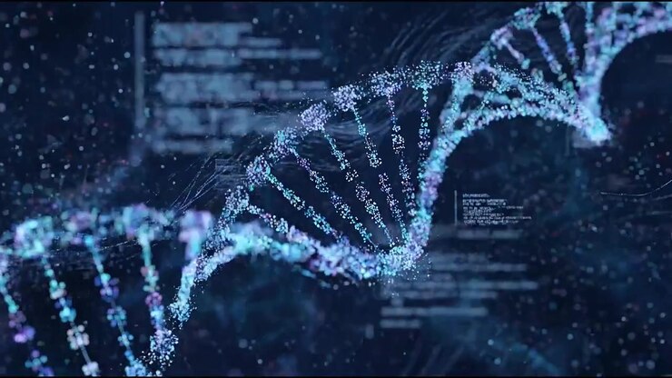 Abstract Medical Illustration of DNA Double Helix Structure with Glowing Blue Particles