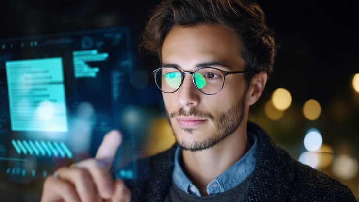 Man with glasses gazes intently at glowing screen. Fingers hover near digital display, suggesting interaction. Night background features blurred lights, hinting at urban setting