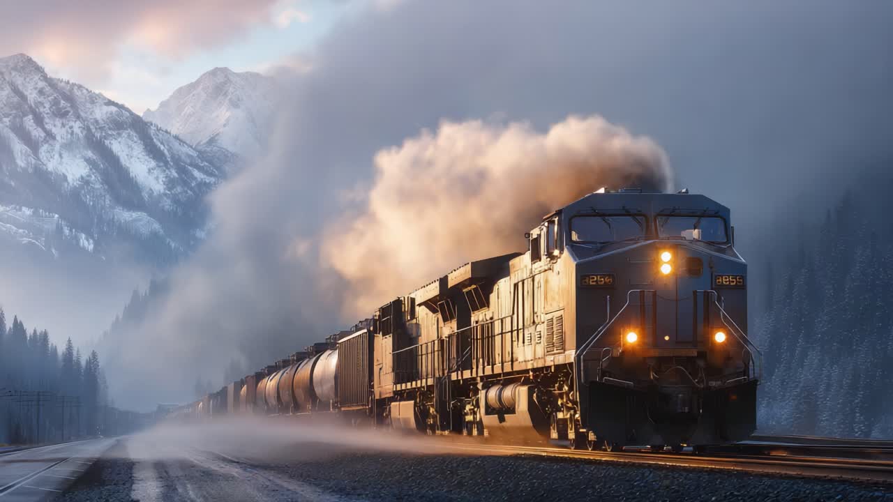 Majestic Train Journey Through Scenic Mountain Landscape: A Captivating View of a Powerful Locomotive Amidst Mist and Snow-Capped Peaks