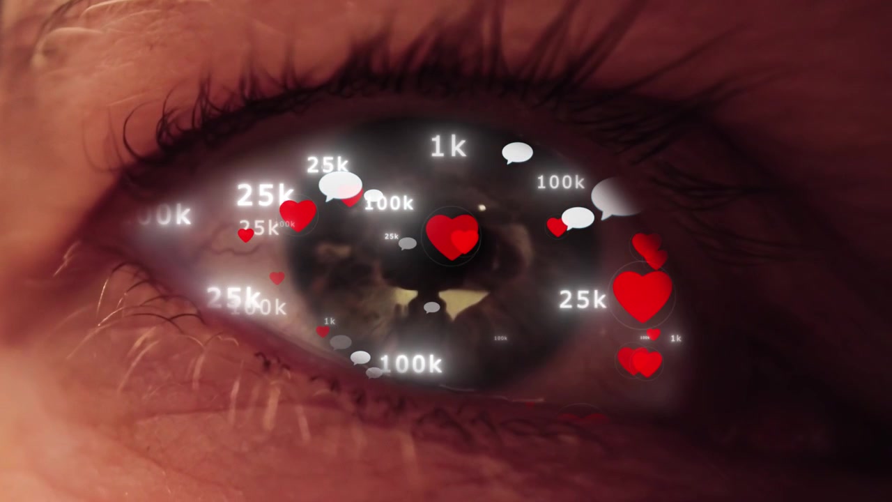Konceptuel nærbillede-animation af et menneskeøje, der reflekterer lysende sociale medieikoner, likes og følgertal, symboliserende digital besættelse, informations-overload og internetafhængighed