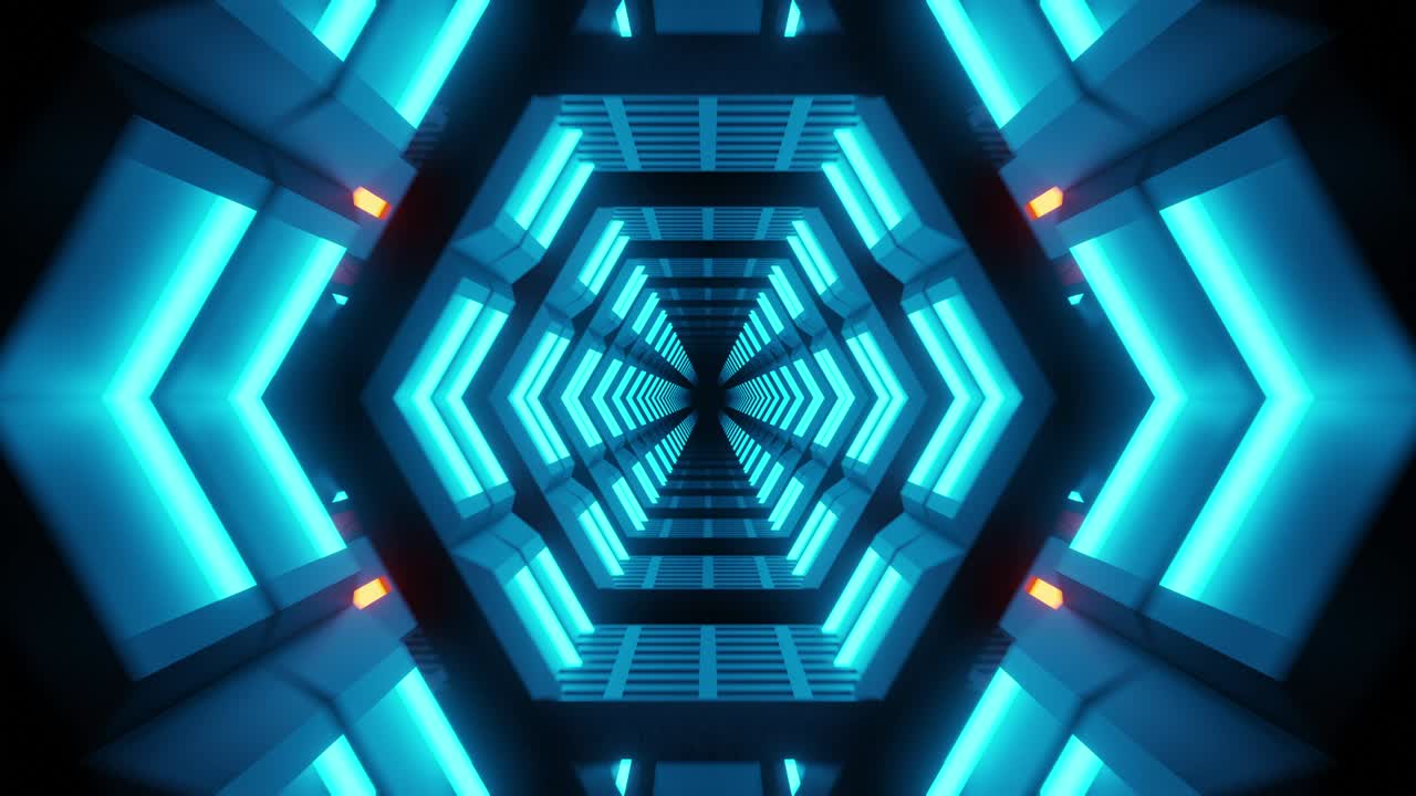 Loop 4K senza soluzione di continuità che vola in un tunnel di astronave, corridoio di astronave fantascientifica. VJ astratto futuristico senza soluzione di continuità per titoli tecnologici e sfondi.