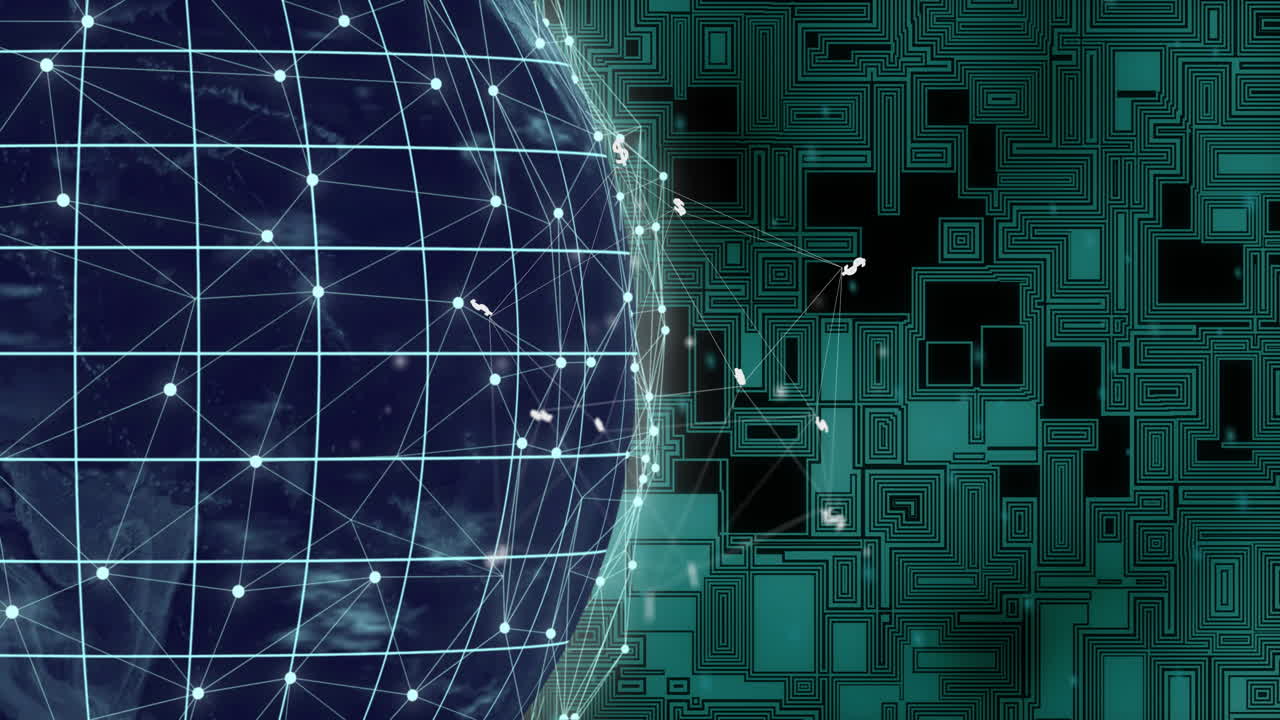 Digital globe with network connections transitioning into circuit board animation