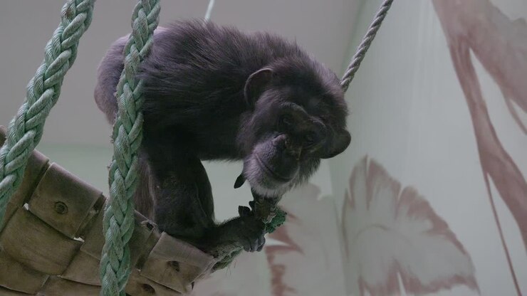 Scimpanzé seduto su un'altalena nel parco faunistico dello zoo
