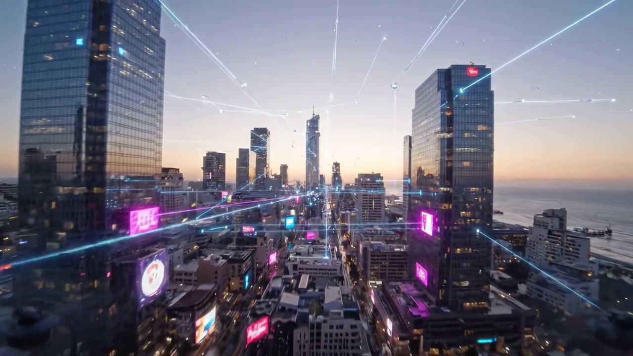 Uma Vista Panorâmica Deslumbrante de uma Paisagem Urbana Vibrante ao Anoitecer, Exibindo Arranha-Céus Iluminados por Luzes Deslumbrantes e Padrões Dinâmicos Refletindo a Vida Urbana Moderna