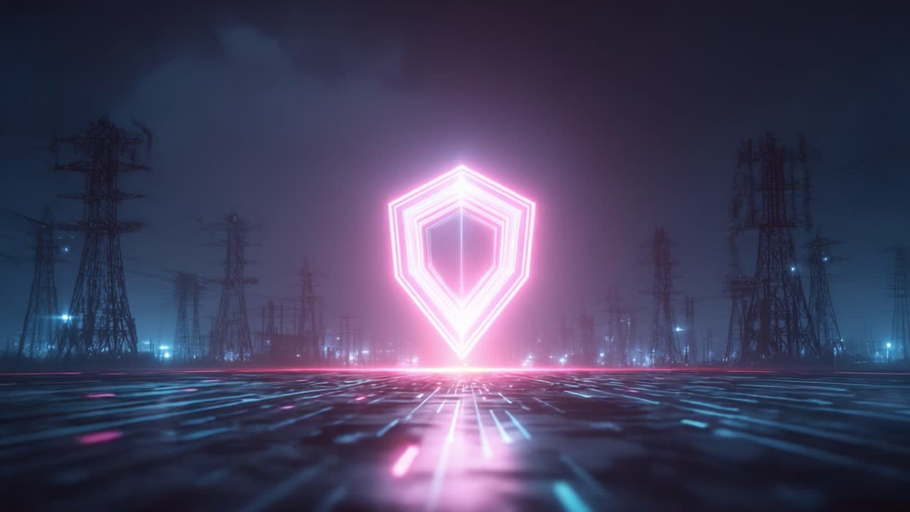 A Futuristic Energy Shield Surrounded by Power Lines: Capturing the Essence of Technological Advancement and Digital Innovation