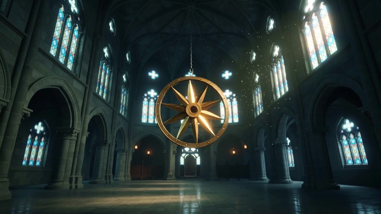 Luce solare che filtra dalle finestre di destra illumina la navata gotica, una ruota d'oro ruota con moti di polvere.
