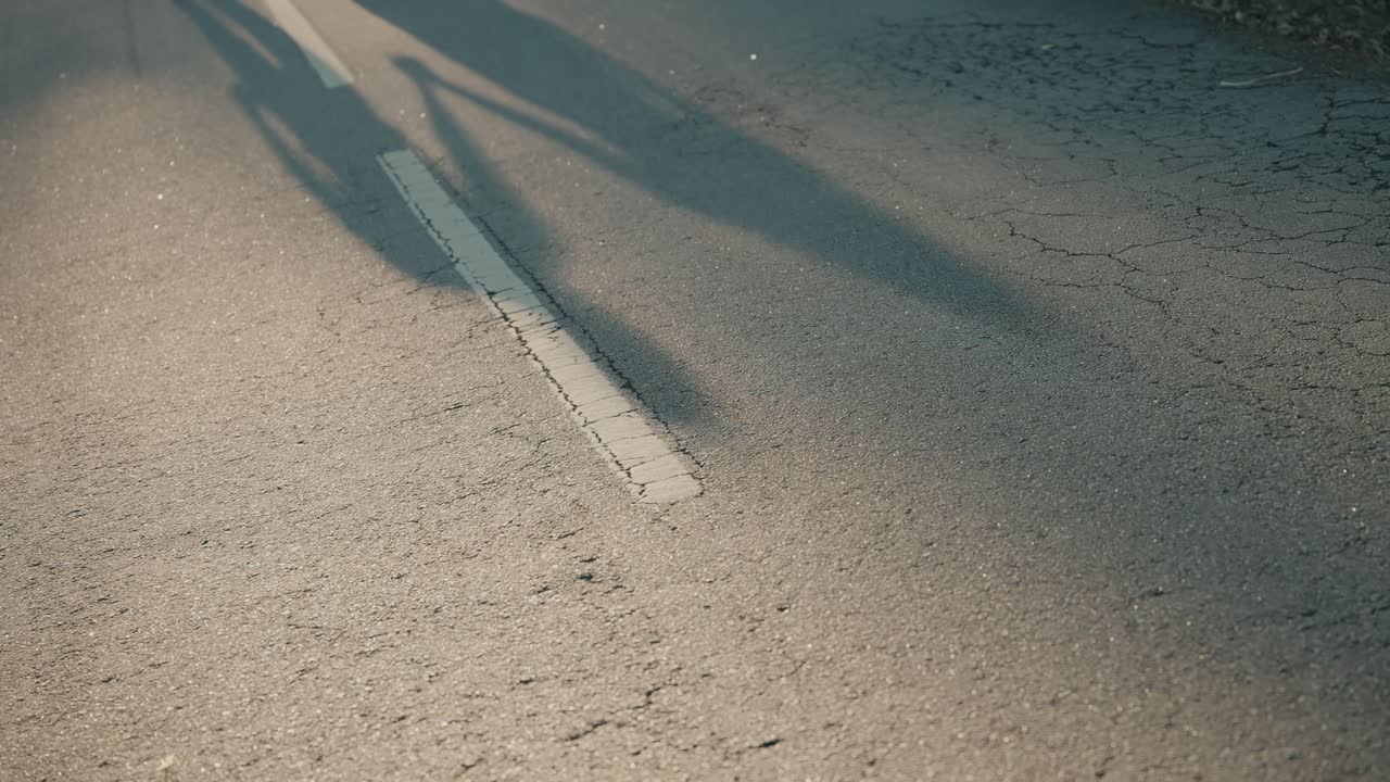 Elongated shadows of two people holding hands on road, lovers together