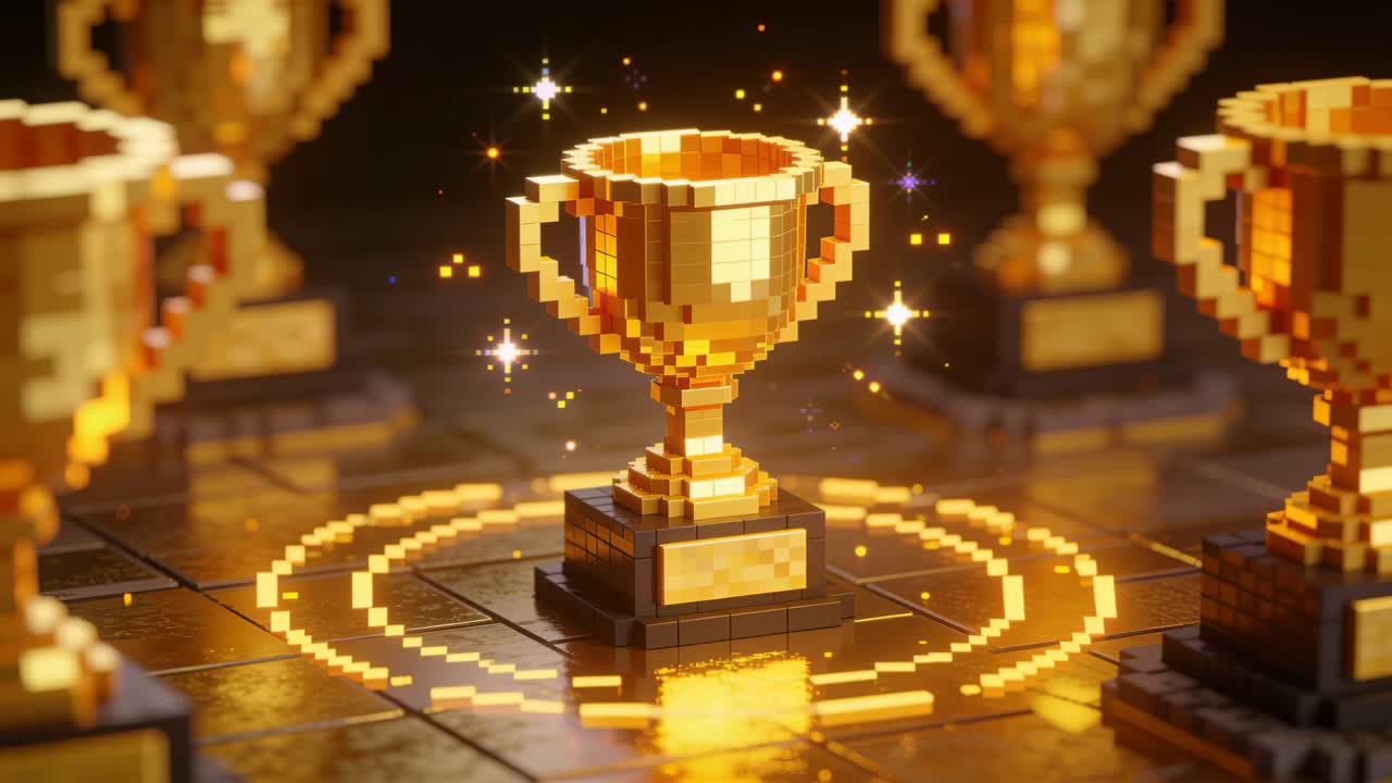 Un trofeo voxel rotante su una base a gradini si inclina a destra mentre un anello di pixel pulsante si illumina sulle piastrelle del palco.