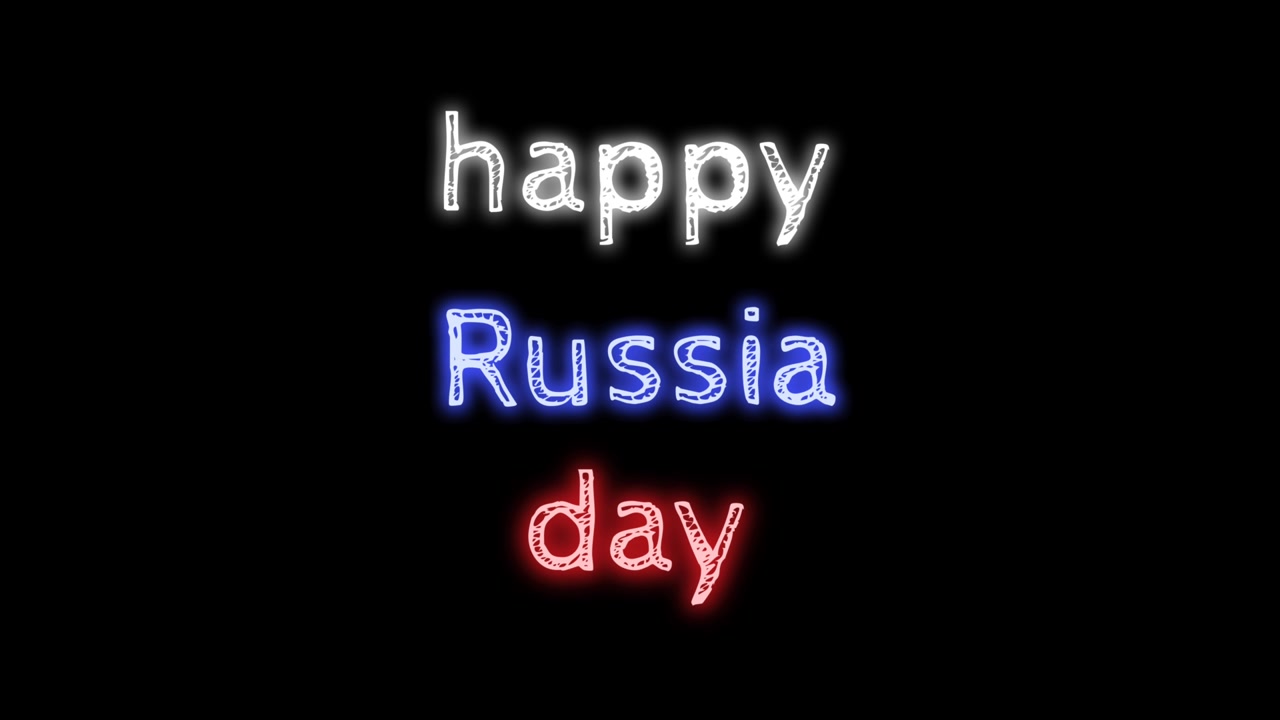 Happy Russia day writing animation with glowing National flag colour light isolated on black background.