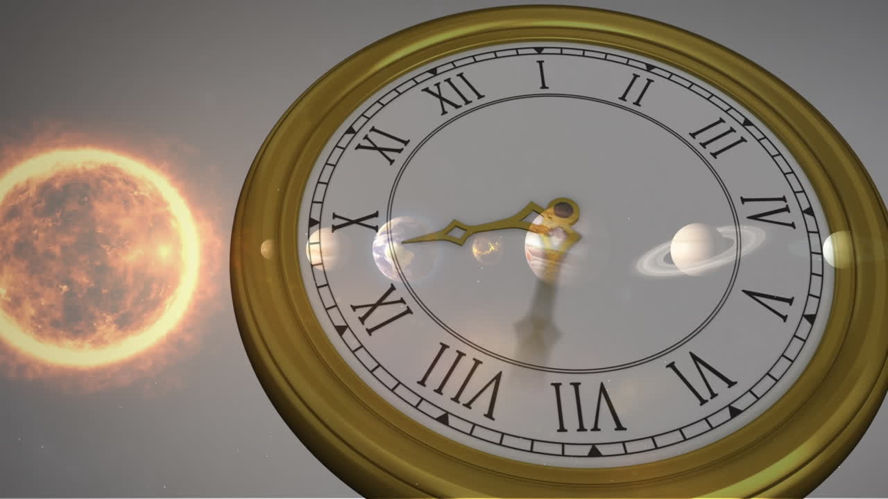 Animation of solar system, planets and space over clock ticking
