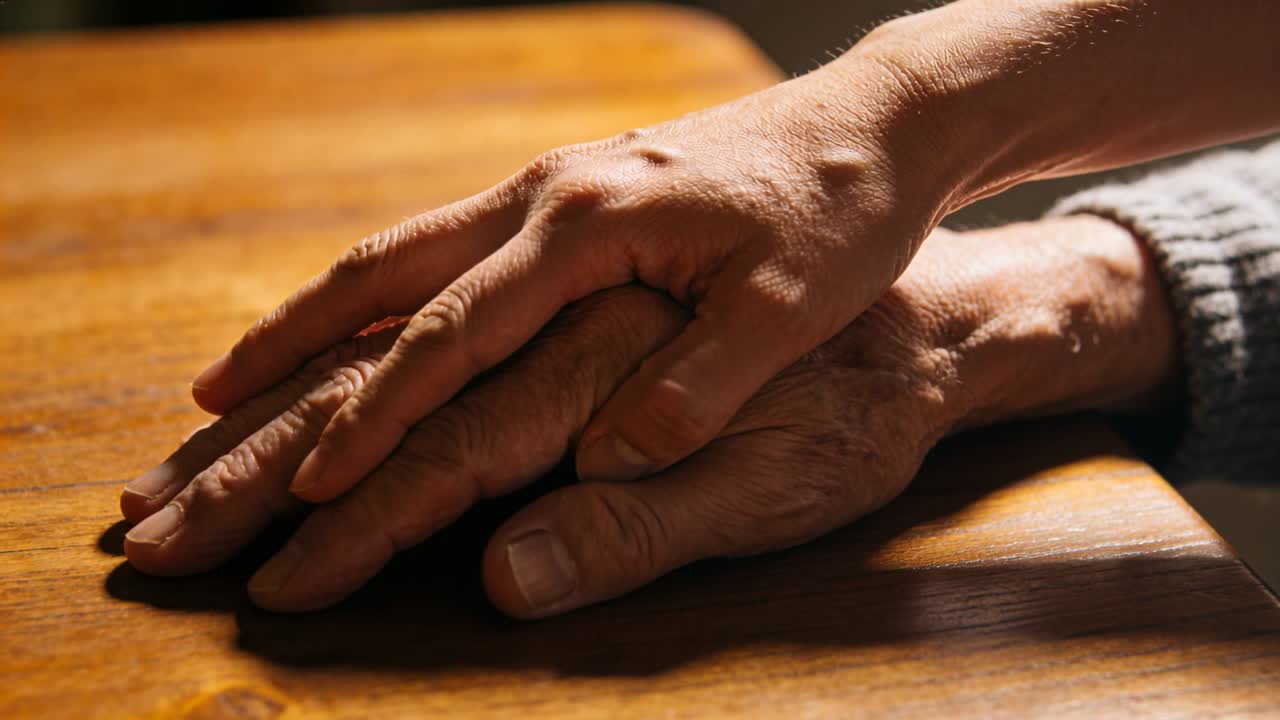 Mão adulta se entrelaçando com a mão de um idoso com punho de suéter em uma mesa de madeira, transmitindo carinho