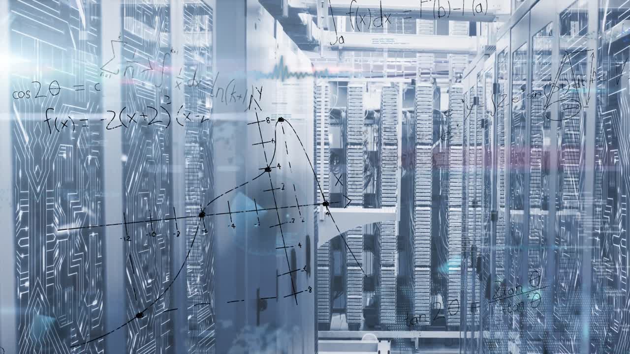 Animation of mathematical equations and data processing against computer server room