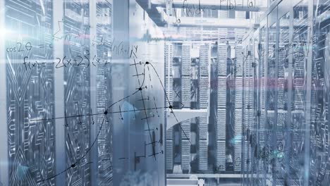 animation of mathematical equations and data processing against computer server room