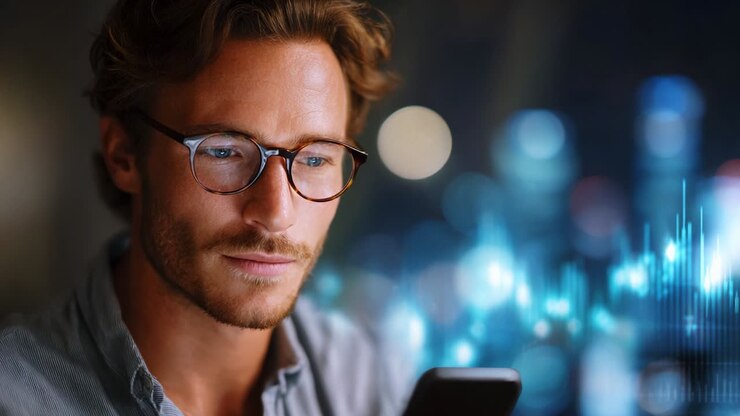 Fokuseret mand analyserer data på smartphone midt i abstrakt baggrund, fanger opmærksomhed med visuelle frekvenser og digitale elementer i et moderne bymiljø om natten