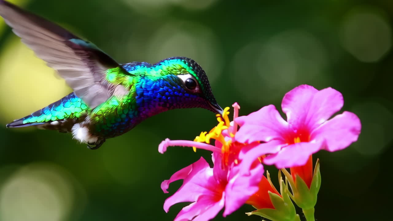 colibrí colorido que se alimenta de una flor