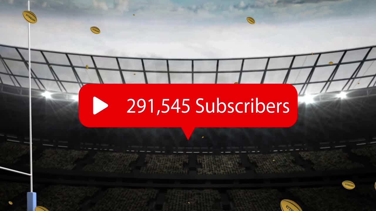 animación del icono de los medios sobre las pelotas de rugby que caen con el texto australia en el estadio