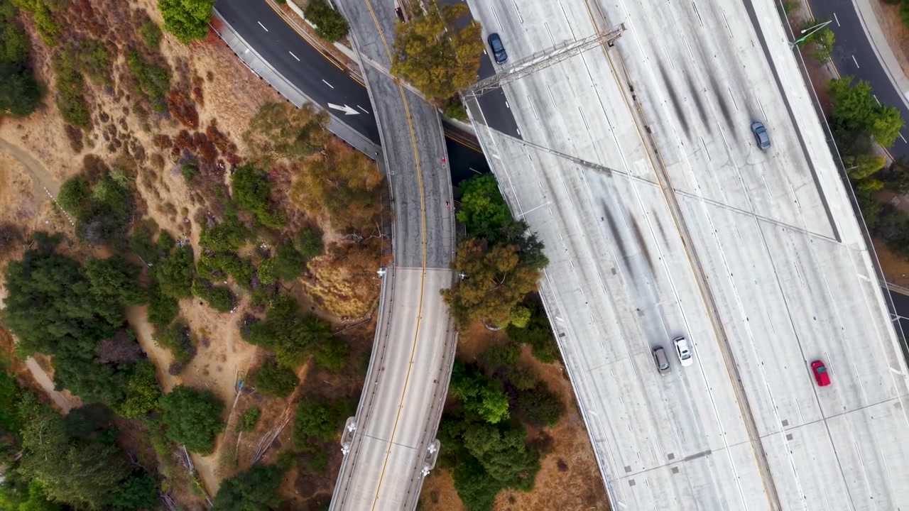 Inquadratura ipnotizzante del Colorado Street Bridge, noto anche come Suicide Bridge, da una vista aerea verticale. Mentre un drone segue la strada in cima al ponte, un bellissimo parco e un quartiere vengono rivelati sotto di esso