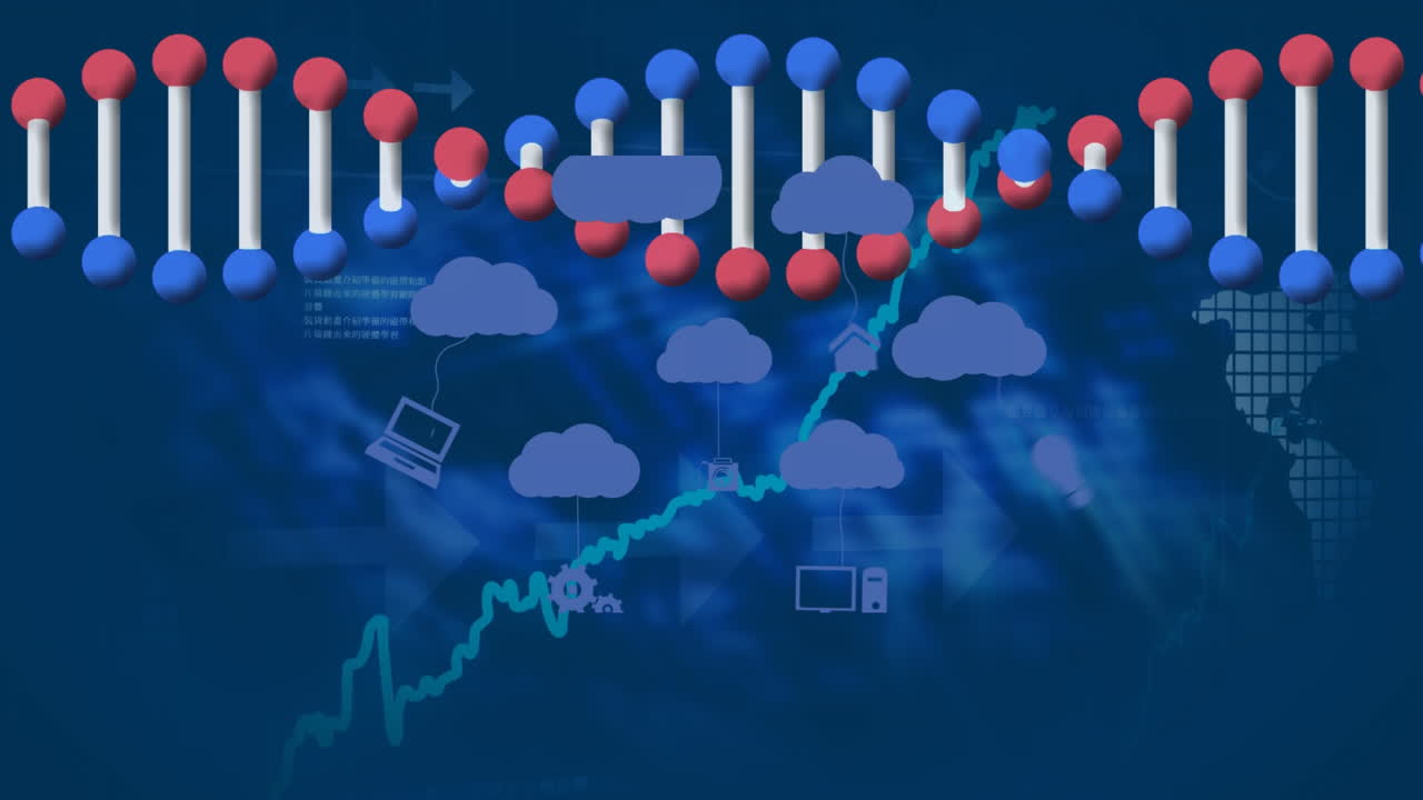 Animation of clouds and dna chain over world map and data on blue background