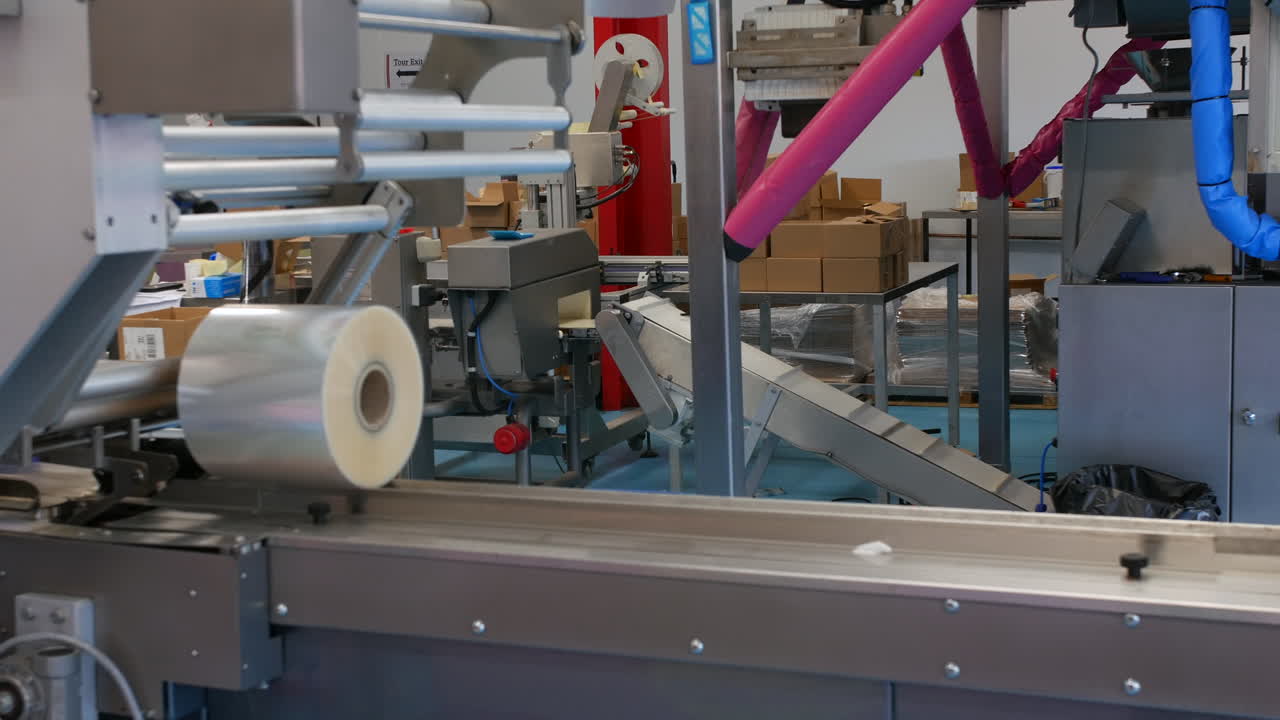 A packaging machine in a sweet factory holds a large roll of plastic film ready for wrapping products. Conveyor belts and stacked cardboard boxes are visible in the background