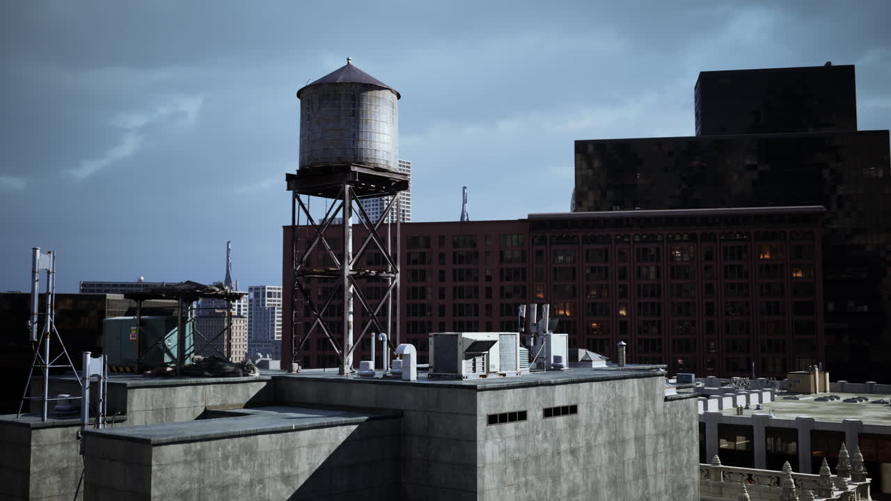 Aerial view of a water tower situated atop a building in the cityscape