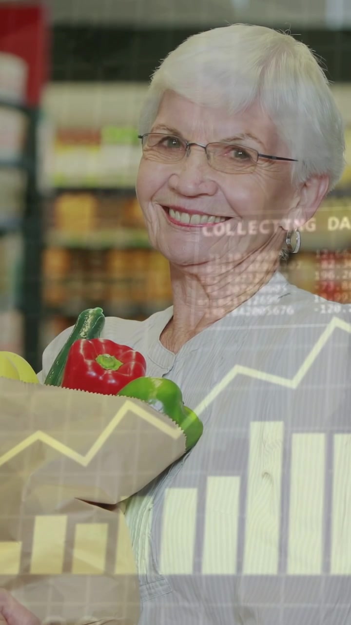 Vertikal video: Kamera trækker sig tilbage, kvinde holder indkøbspose, mens diagrammer overlejrer butiksdata.
