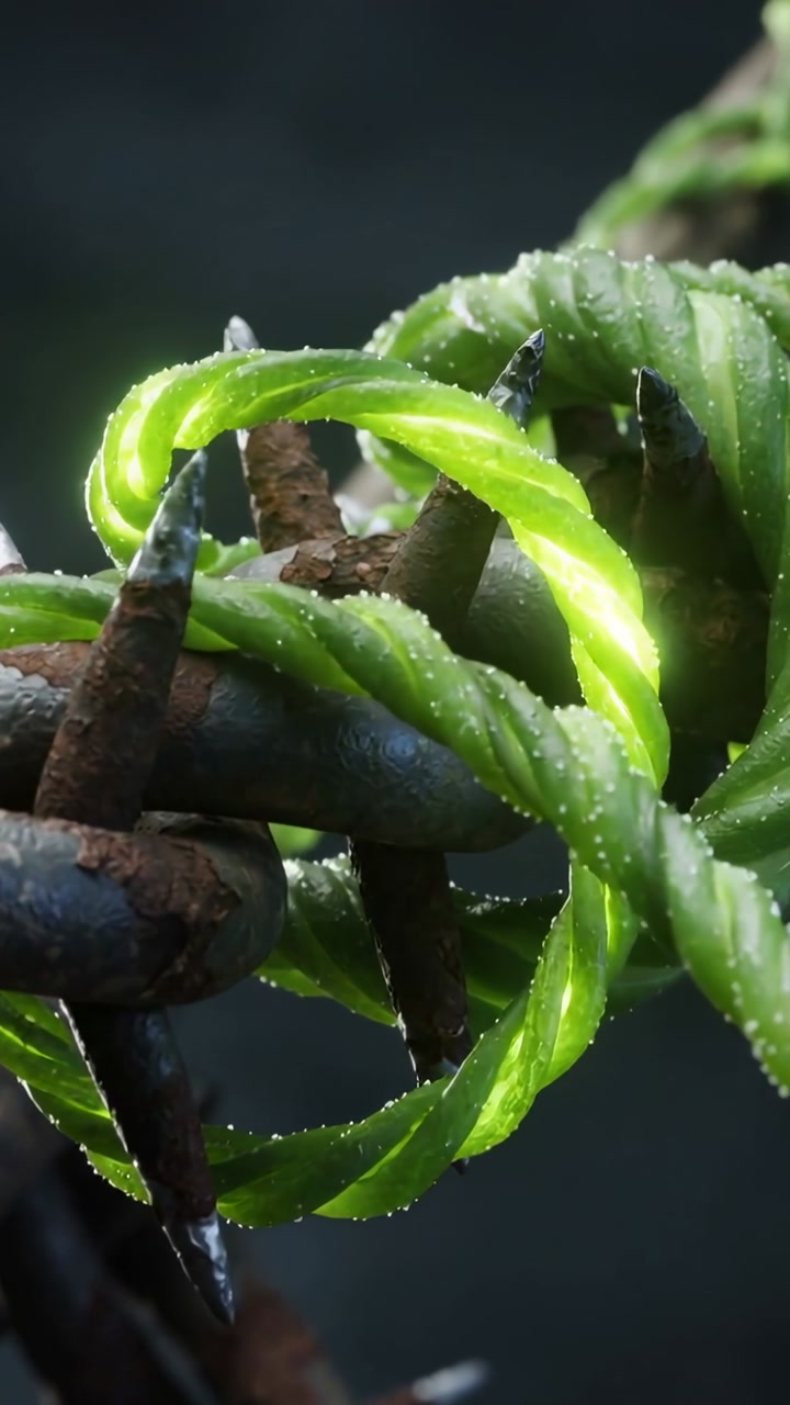 Vertical video: Touching rusted spike causing green tendril coiling along barbed wire in macro, dew