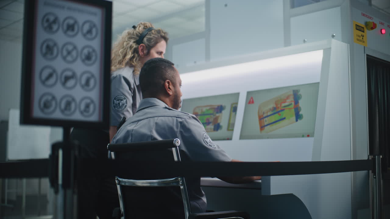 공항 보안 직원 들 이 수하물 을 검사 하고 있다