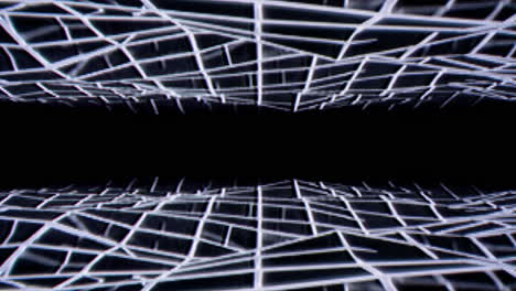 Moving-through-fractal-geometric-tunnel,-retro-vibe-with-VHS-textures,-loop-able-animation-with-noise-of-synth-wave-neon-grid-flickers,-VHS-art-and-retro-vintage-concept