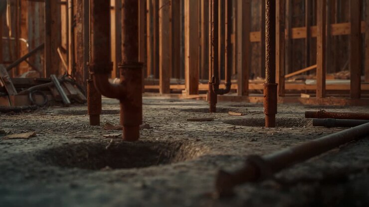 Subtle focus shifts revealing rusted plumbing pipes protruding from concrete slab in wood framing