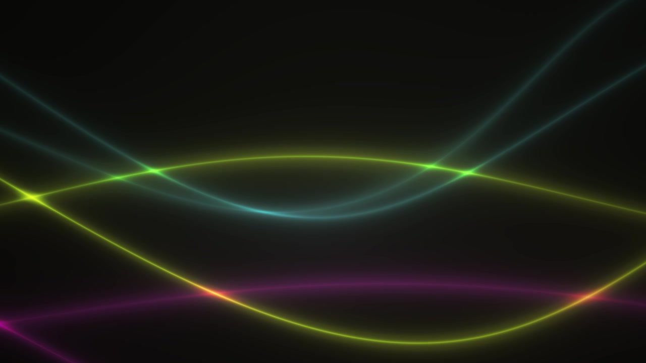 Linee ondulate astratte al neon luminose che si muovono e si intersecano su sfondo nero