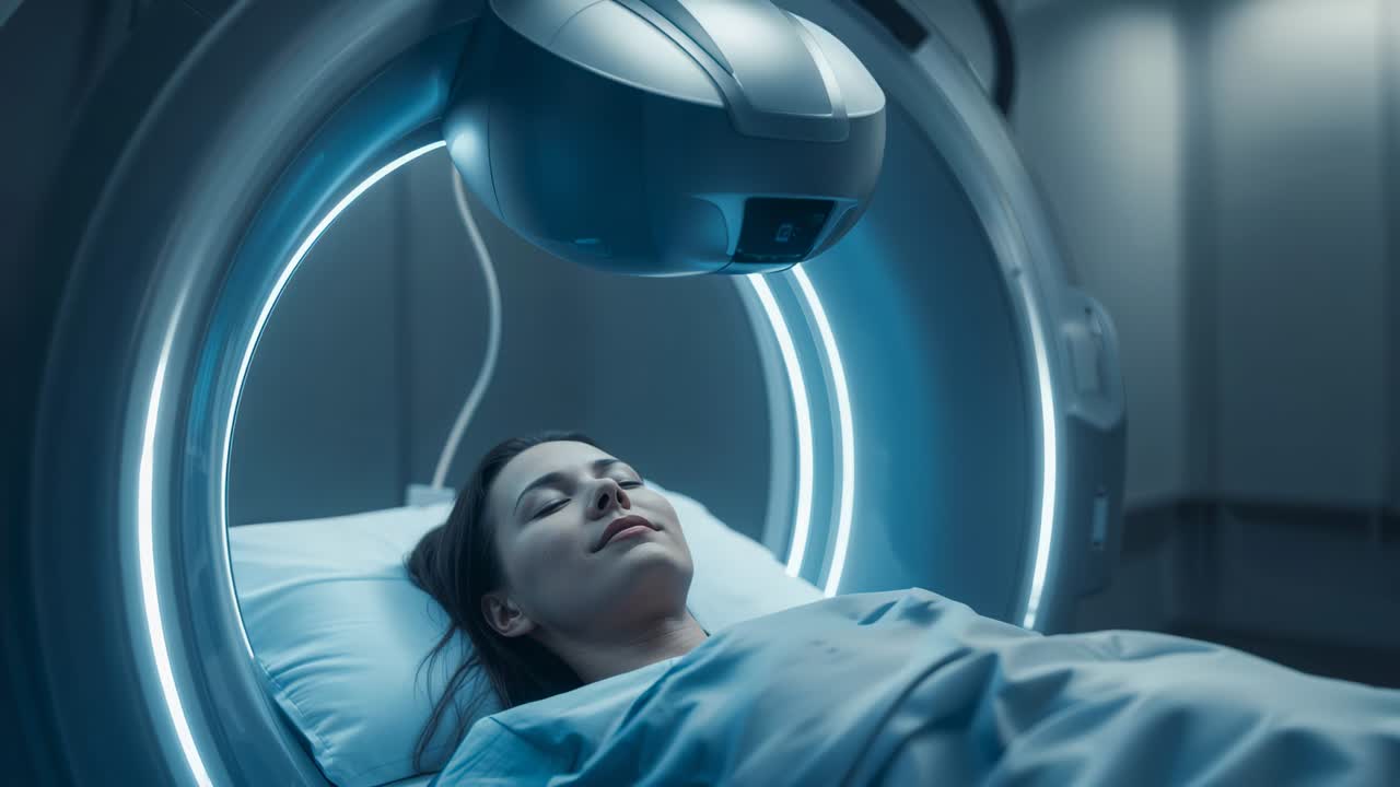 Gantry che avvia la scansione, paziente con camice da ospedale disteso sul tavolo nella sala di imaging, illuminazione blu