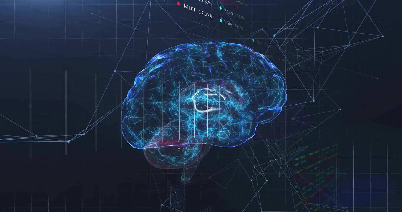 3D brain floating and rotating, revealing data, tracing graph and scrolling ticker for analytics