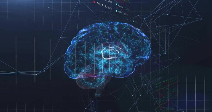 3D brain floating and rotating, revealing data, tracing graph and scrolling ticker for analytics