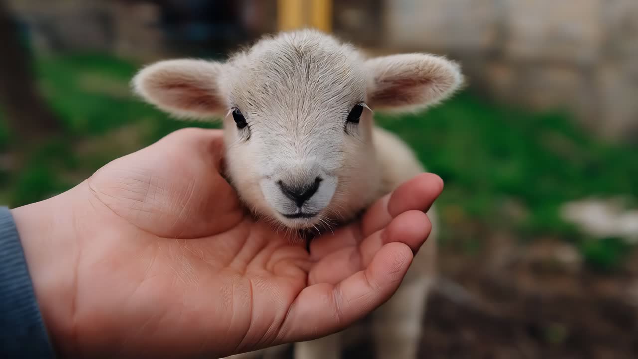 Mano che tiene la faccia di un agnellino