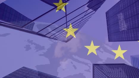 Animation-of-stars-from-flag-of-european-union-over-map-and-high-rise-buildings-in-modern-city